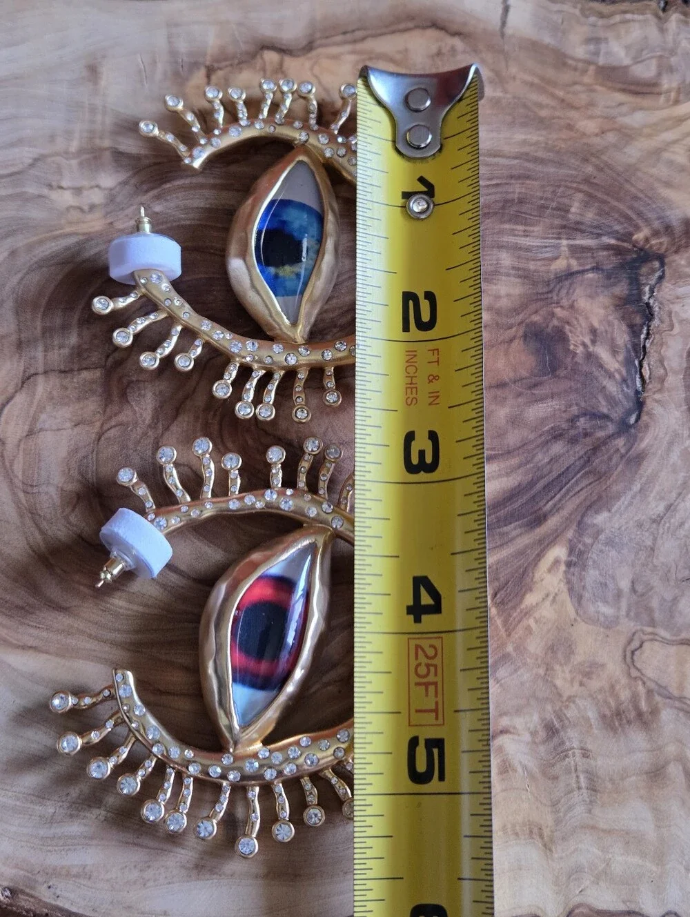 Schiaparelli Style Gaze Eye Crystal Large Chunky Earrings Matte Gold Pierced